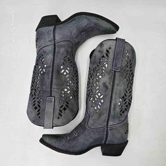 Laredo Western Leather Boots Sanded Blue Snip Toe Cutout Cowgirl Women's 10M - Picture 2 of 9